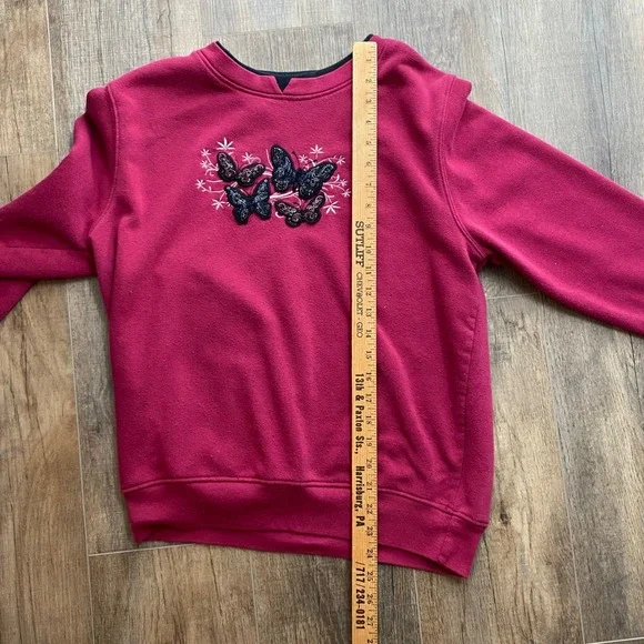 Blair Womens Butterfly Embroidered Fleece Sweatshirt Magenta Pink PM Petite Med - Picture 6 of 6